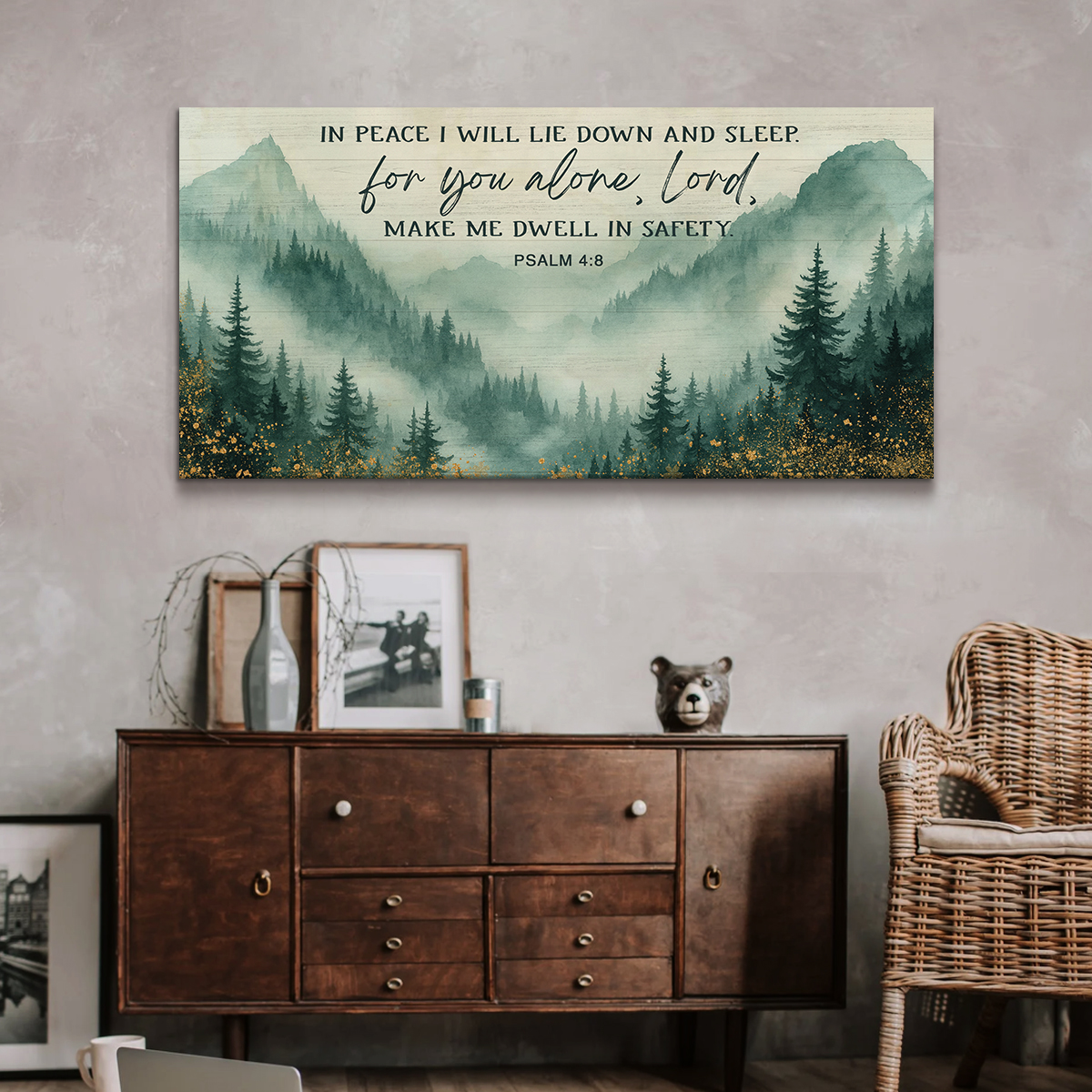In Peace I Will Lie Down and Sleep - Faith Large Canvas, Misty Mountain Forest Watercolor Christian Wall Art, Bedroom Christian Home Decor