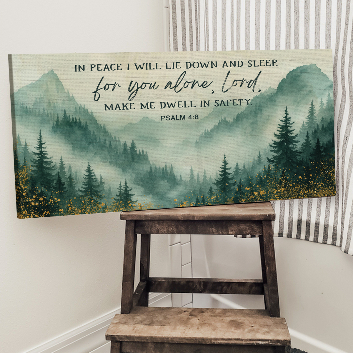 In Peace I Will Lie Down and Sleep - Faith Large Canvas, Misty Mountain Forest Watercolor Christian Wall Art, Bedroom Christian Home Decor