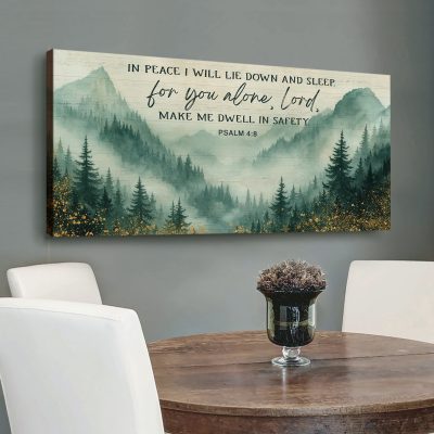 In Peace I Will Lie Down and Sleep - Faith Large Canvas, Misty Mountain Forest Watercolor Christian Wall Art, Bedroom Christian Home Decor