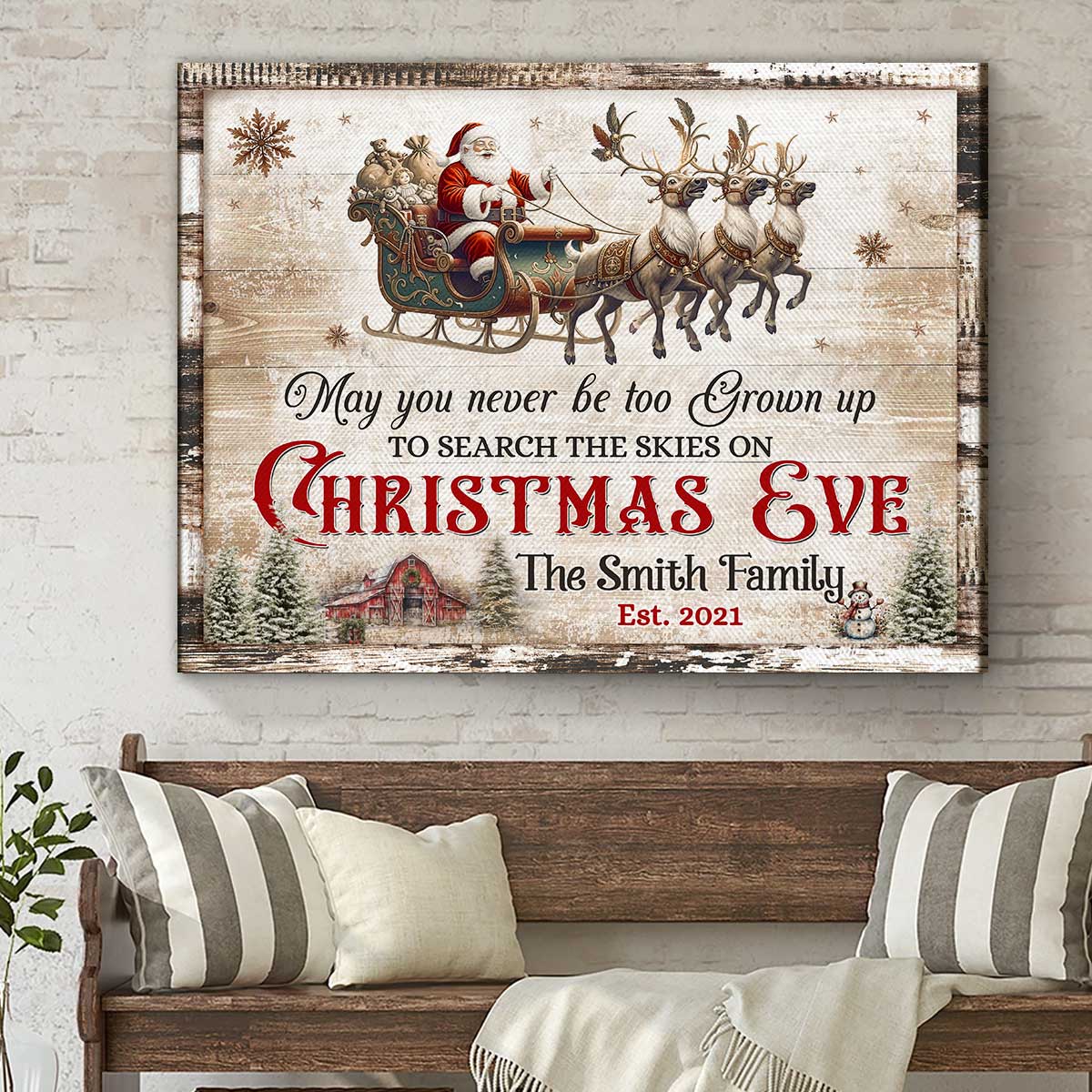 Custom Name Christmas Sign with rustic wood background and Christmas Eve quote