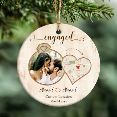 Custom Engagement Location Photo Ornament - Engagement Christmas Gift, Keepsake with Map Name Date, Engaged Announcement Ceramic Ornament