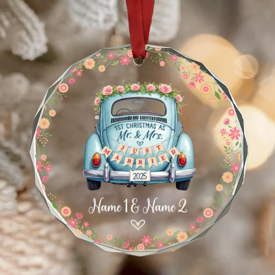Custom Wedding Glass Ornament - Christmas Couple Gift, Newlywed Keepsake with Name Date, 1st Christmas as Mr & Mrs, Just Married Ornament