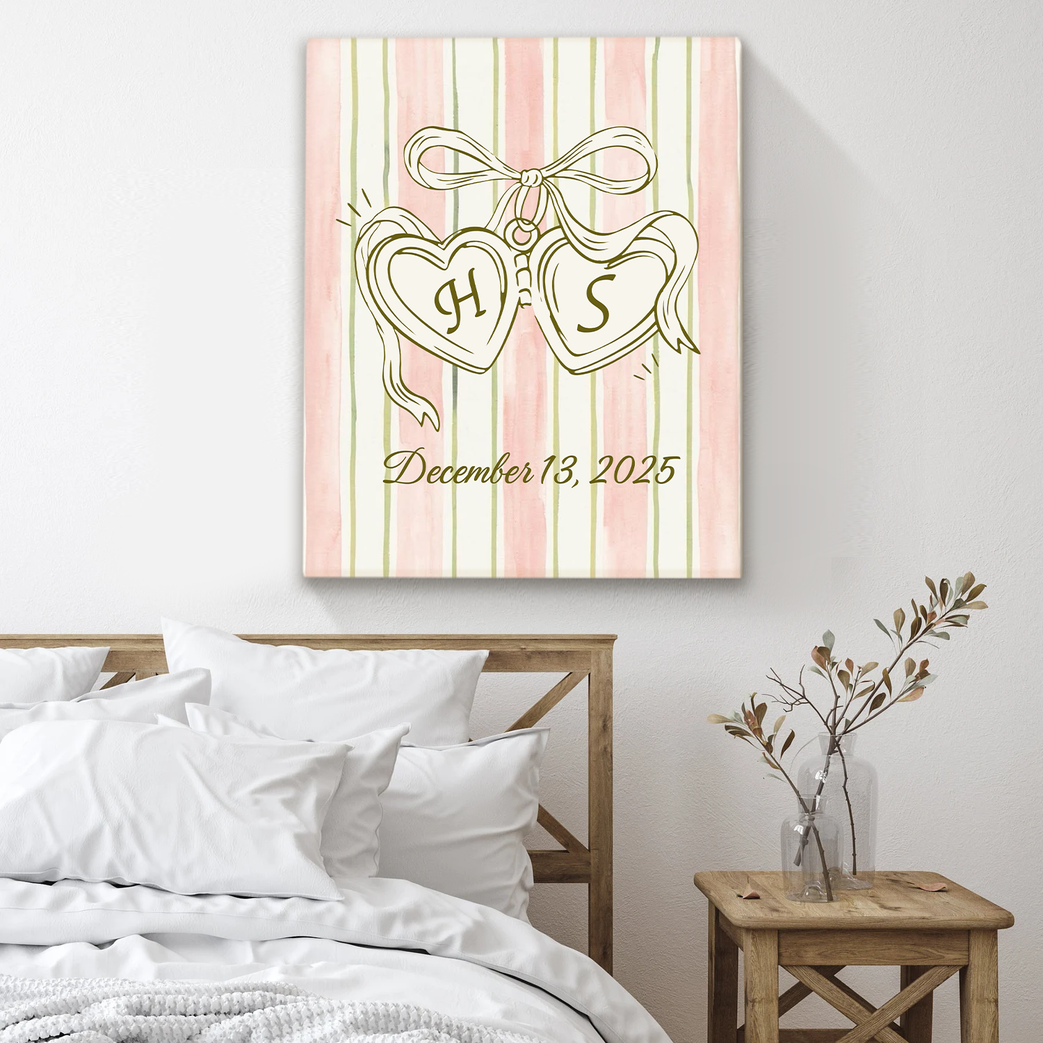 Personalized couple initials wall art with custom initials and date on canvas – romantic Valentine’s Day, anniversary, or wedding décor.