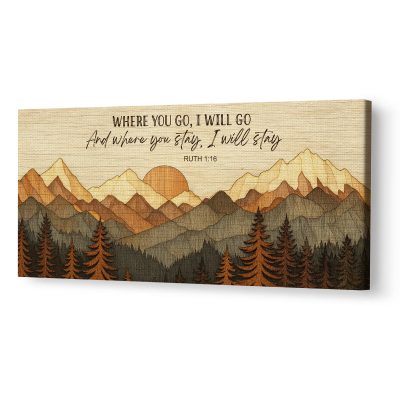 Where You Go I Will Go - Wood Effect Mountain Canvas, Abstract Mountain Wall Art, Master Bedroom Farmhouse Decor, Housewarming Gifts