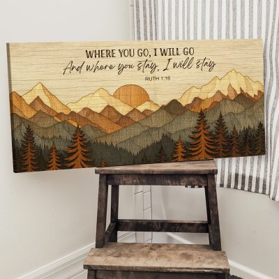 Where You Go I Will Go - Wood Effect Mountain Canvas, Abstract Mountain Wall Art, Master Bedroom Farmhouse Decor, Housewarming Gifts