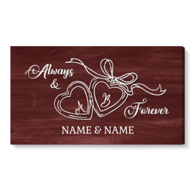 Custom Couples Initial Locket Art Canvas, Always & Forever Large Canvas, Wall Hanging Above Bed, Anniversary Valentines Gift for Couples