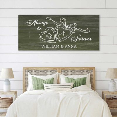 Custom Couples Initial Locket Art Canvas, Always & Forever Large Canvas, Wall Hanging Above Bed, Anniversary Valentines Gift for Couples