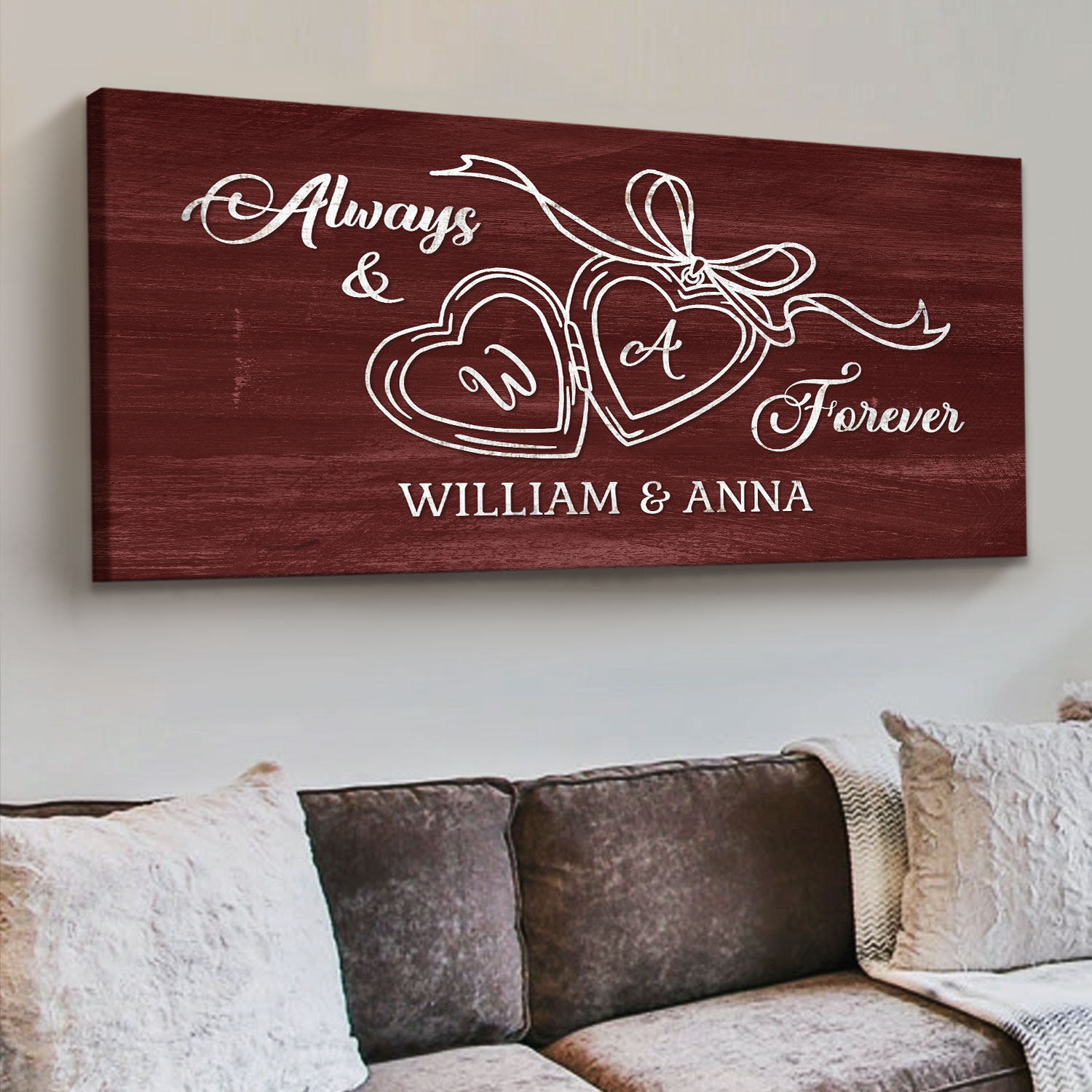 Custom Couples Initial Locket Art Canvas, Always & Forever Large Canvas, Wall Hanging Above Bed, Anniversary Valentines Gift for Couples