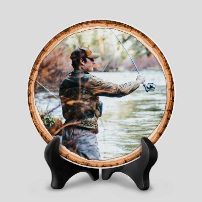 Custom Fishing Photo on Stone Slice, Your Fishing Picture with Wood Frame Plaque, Fishing Gift for Men, Lodge Cabin Decor, Christmas Gift for Dad