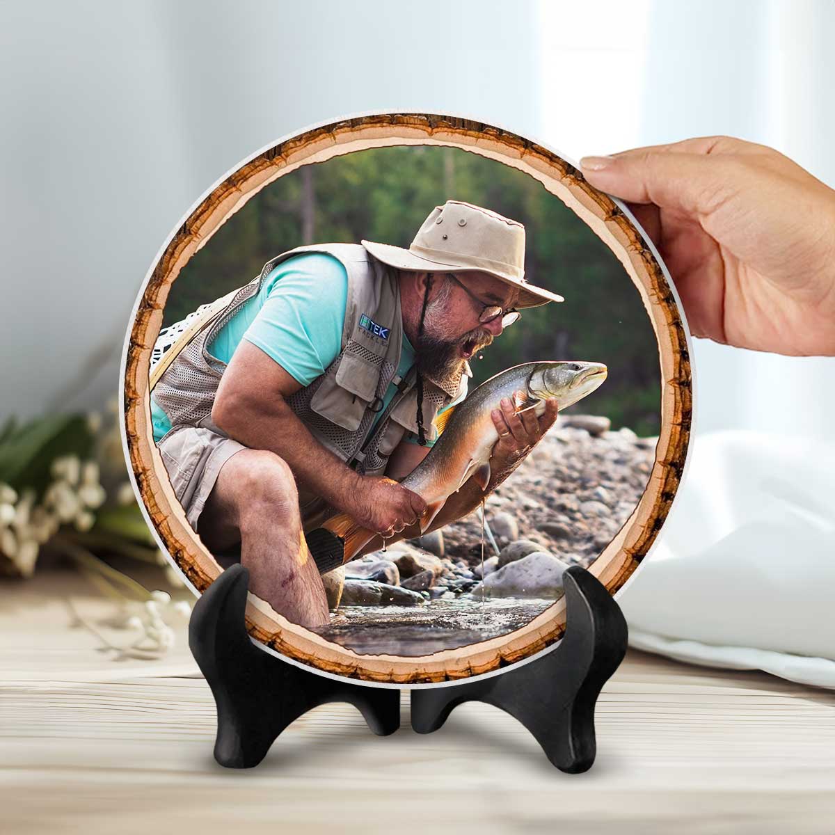 Custom Fishing Photo on Stone Slice, Your Fishing Picture with Wood Frame Plaque, Fishing Gift for Men, Lodge Cabin Decor, Christmas Gift for Dad 1 Custom Fishing Photo on Stone Slice, Your Fishing Picture with Wood Frame Plaque, Fishing Gift for Men, Lodge Cabin Decor, Christmas Gift for Dad