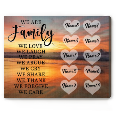Personalized family name canvas wall art with We Are Family custom name sign – meaningful family gift and living room décor.