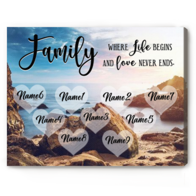 Personalized family canvas with names and custom quote – family wall art and custom coastal décor for home.