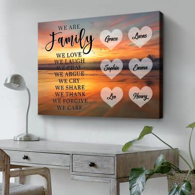 Personalized family name canvas wall art with We Are Family custom name sign – meaningful family gift and living room décor.