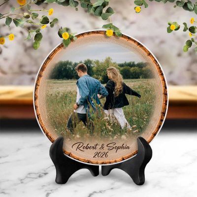 Personalized Couple Picture with Wood Slice Stone Plaque, Custom Couple Photo on Stone, Wood Anniversary Photo Gift, Vday Gift
