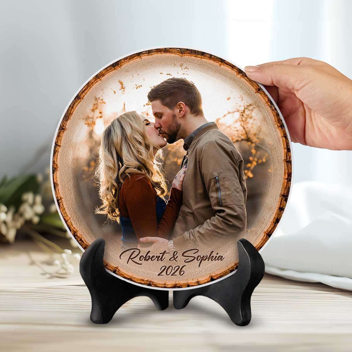 Personalized Couple Picture with Wood Slice Stone Plaque, Custom Couple Photo on Stone, Wood Anniversary Photo Gift, Vday Gift