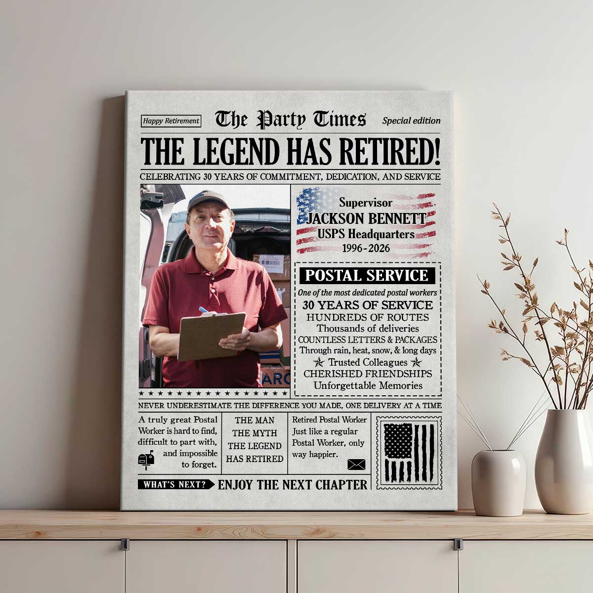 Postal Retirement Newspaper Canvas Print, United States Postal Service Retired, Postal Retirement Gift, Retired Mailman Gifts
