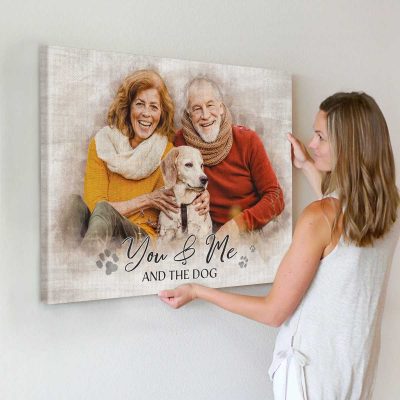 Couple with Dog Portrait Canvas, Dog Family Photo To Painting Art, Pet and Owner Gift, Dog Mum and Dad Gifts, Valentines Day Gift From Dog
