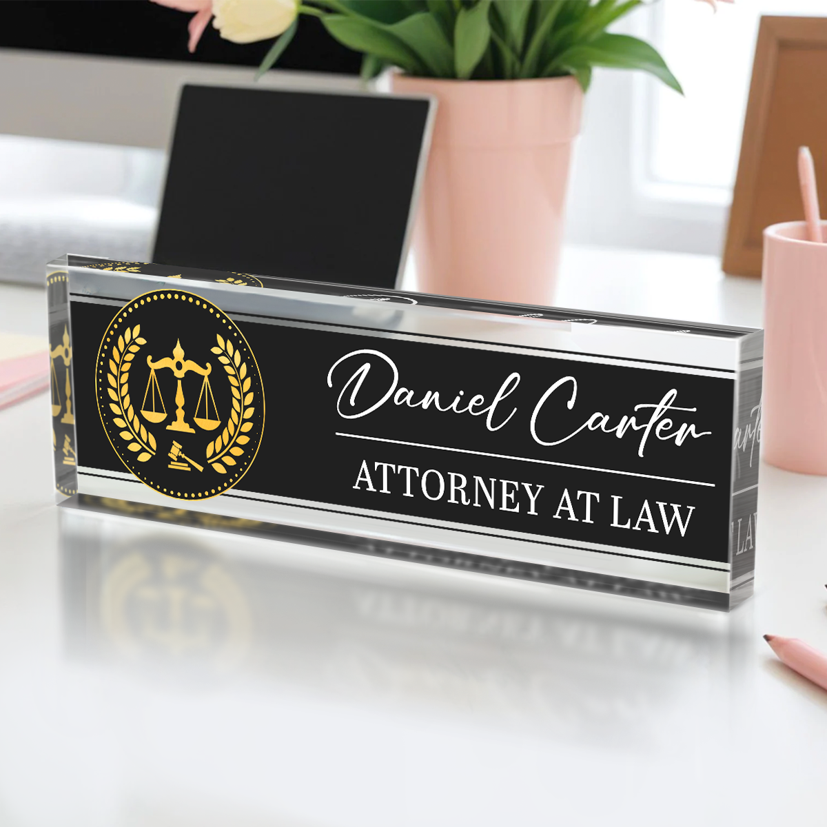 Personalized lawyer desk name plate with custom attorney name – lawyer appreciation, bar exam pass, and law school graduation gift.