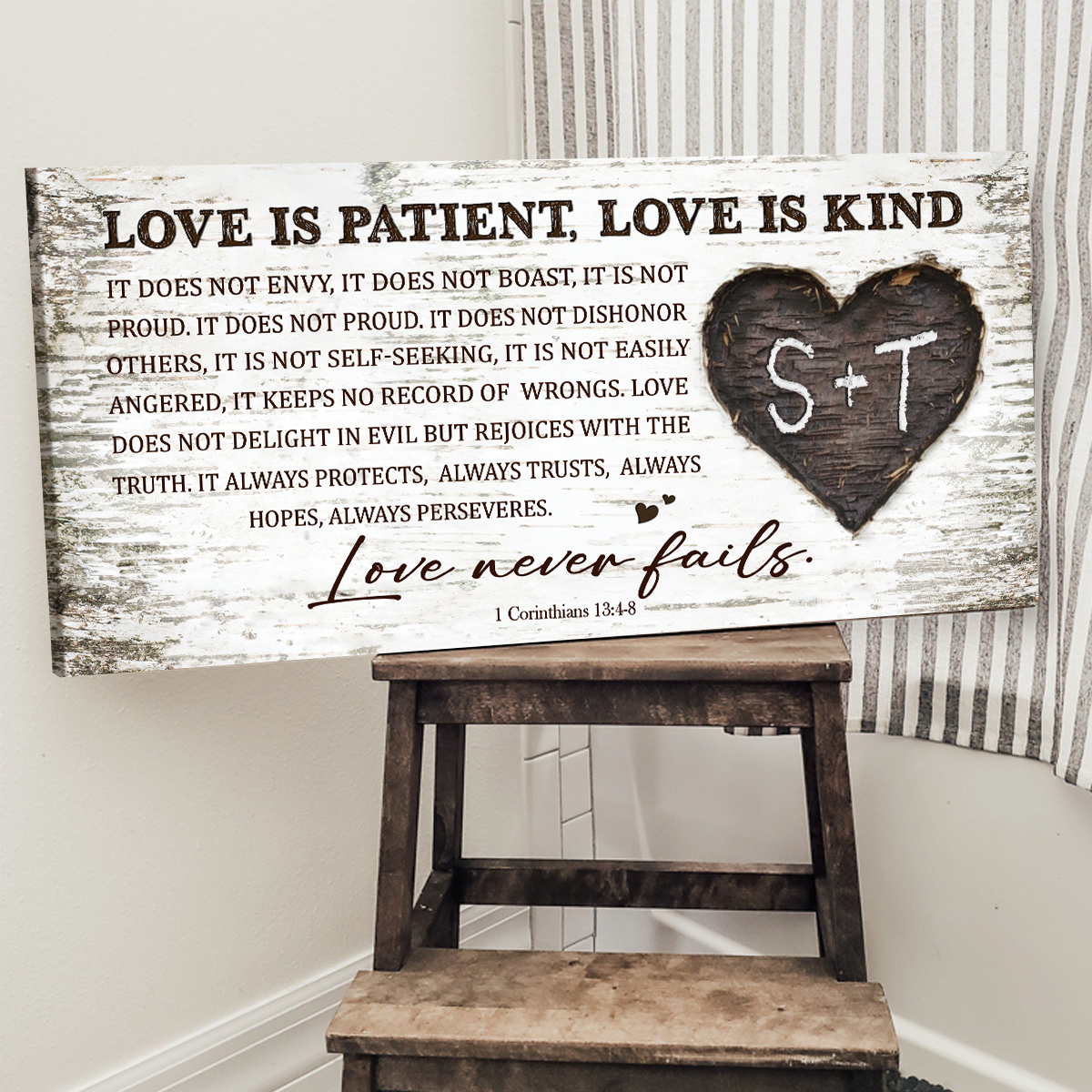 Love Is Patient Love Is Kind Wall Art, Personalized Couple Wall Hanging Above Bed, Vintage Wedding Anniversary Gift, Gifts For Newlyweds