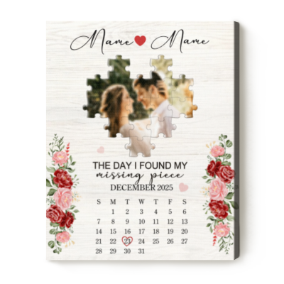Custom Couple Puzzle Photo Calendar Canvas, Engagement Wedding Gift, Personalized Anniversary Wall Decor, Missing Piece Art