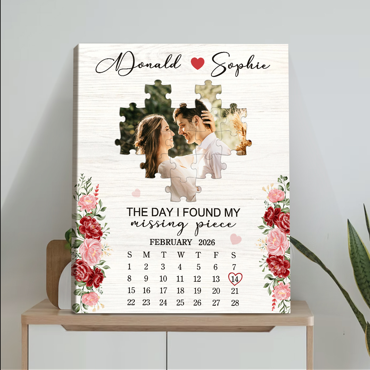 Custom Couple Puzzle Photo Calendar Canvas, Engagement Wedding Gift, Personalized Anniversary Wall Decor, Missing Piece Art