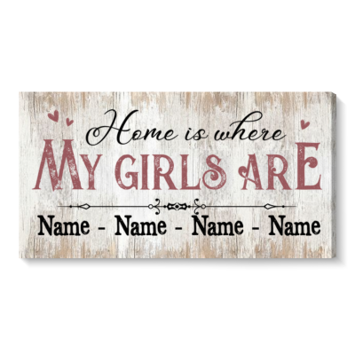 Home Is Where My Girls Are Custom Name Sign, Personalized Family Large Canvas With Kids Name, Wall Art For Living Room
