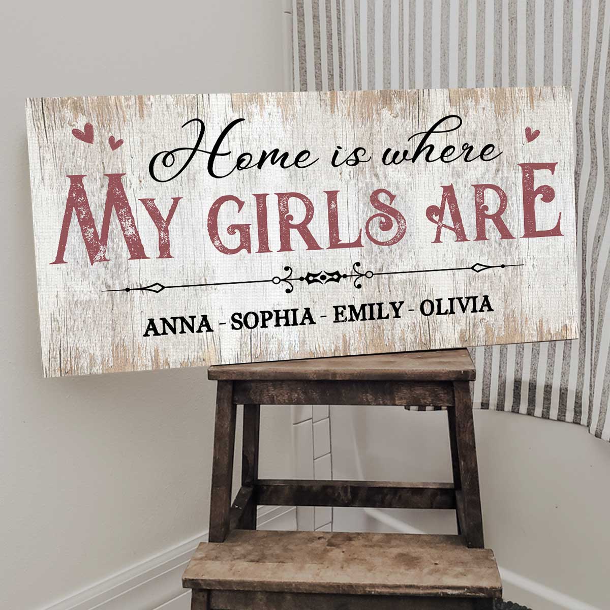 Home Is Where My Girls Are Custom Name Sign, Personalized Family Large Canvas With Kids Name, Wall Art For Living Room