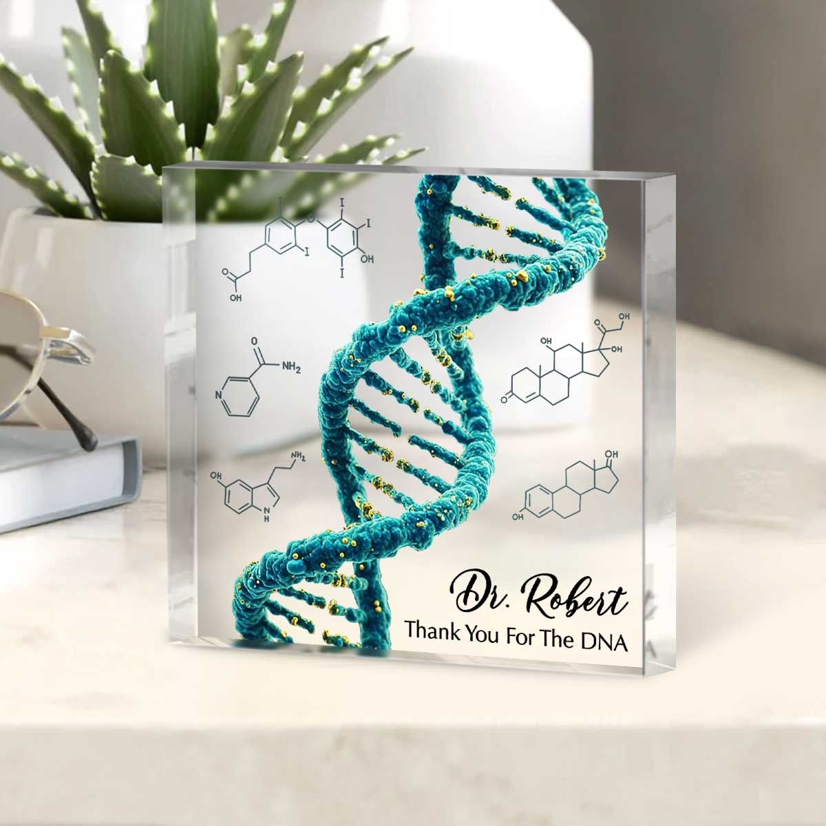 Personalized DNA acrylic plaque with custom name – biology science gift for doctors, physicians, and STEM professionals.