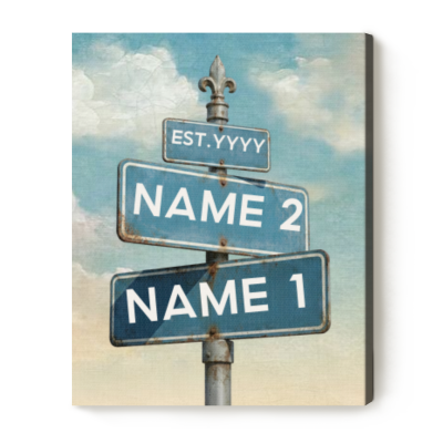 Vintage street sign canvas print with personalized names and date – custom Valentine’s Day crossroads sign for couples.