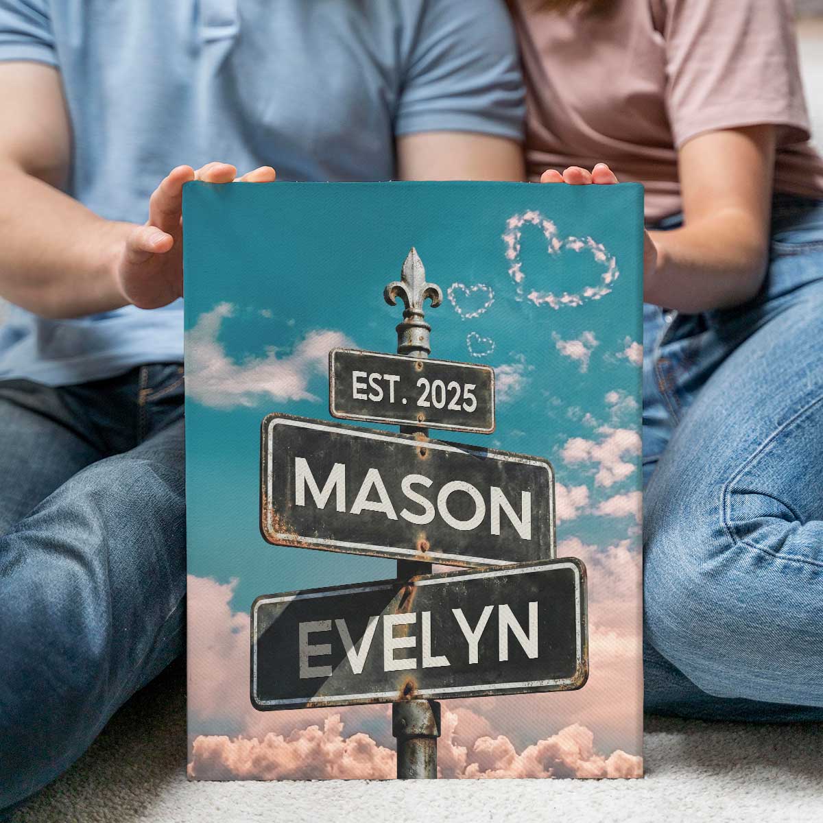 Personalized street sign canvas art with custom couple names and date – Valentine’s, wedding, or anniversary home décor keepsake.