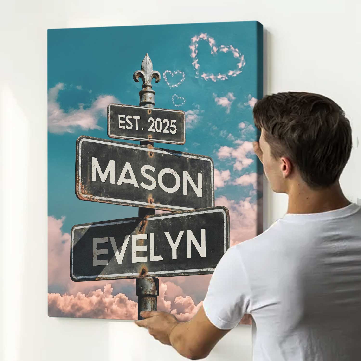 Vintage street sign canvas print with personalized names and date – custom Valentine’s Day crossroads sign for couples.