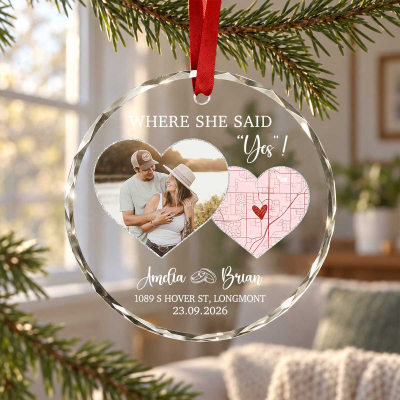 Custom Photo Heart Map Engagement Ornament - Engaged Gift for Couple, Personalized Keepsake with Location, She Said Yes Christmas Ornament