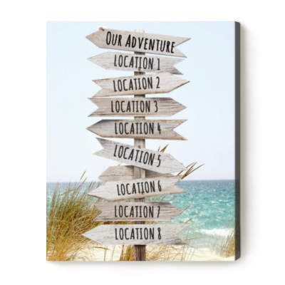 Custom travel signpost art print featuring favorite places – family vacation memories wall art and travel gift for couples