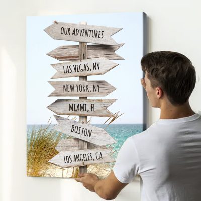 Custom travel signpost art print featuring favorite places – family vacation memories wall art and travel gift for couples