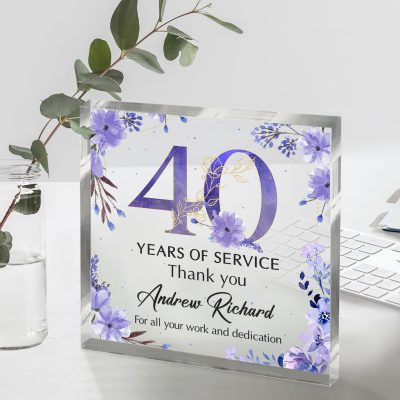 Custom Name Retirement Acrylic Plaque - Retirement Gift, 40 years of service employee appreciation gift, elegant floral design.