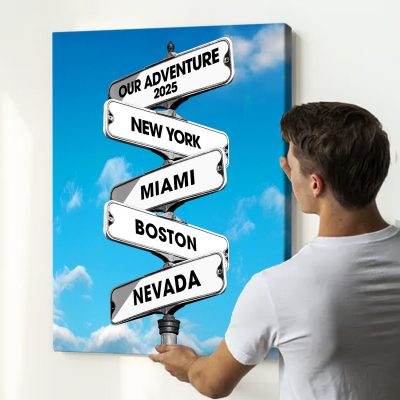 Custom favourite places wall art with personalized travel destinations signpost – travel lovers and couples gift.