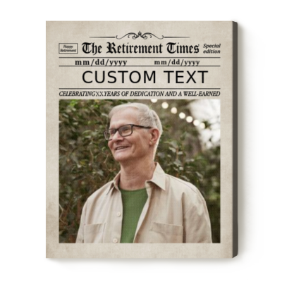 Newspaper Retirement Photo Canvas - Personalized Retirement Gift with custom photo, name and retirement date, unique retirement gift for men or women, vintage newspaper style wall art.