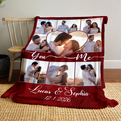 You And Me Personalized Photo Collage Blankets, Custom Blankets With Pictures for Couple, Anniversary Gift, Guy Valentines Day Gifts