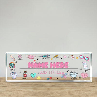 Personalized LPN acrylic name plate with custom nurse name and cute medical icons – LPN graduation and nurse desk décor gift.
