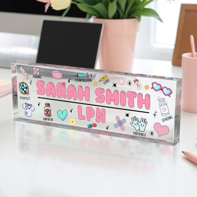 Personalized LPN acrylic name plate with custom nurse name and cute medical icons – LPN graduation and nurse desk décor gift.