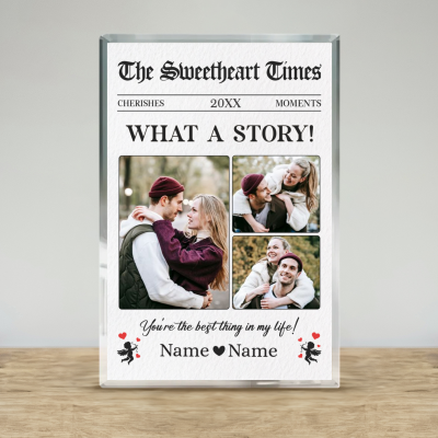 Personalized Newspaper Couple Photo Acrylic Plaque - The Sweetheart Times What A Story, Valentine Couple Gifts, Valentines Day Gifts For Partner