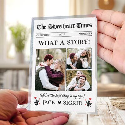 Personalized Newspaper Couple Photo Acrylic Plaque - The Sweetheart Times What A Story, Valentine Couple Gifts, Valentines Day Gifts For Partner