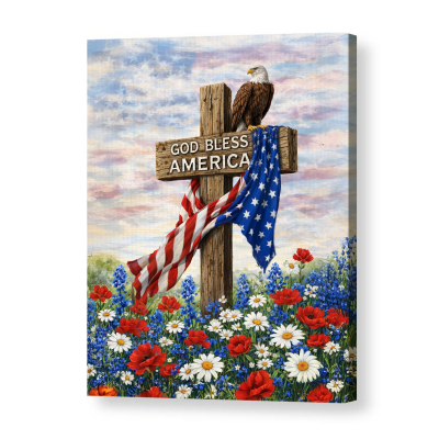 God Bless America Wall Art Canvas, American Eagle Cross Patriotic Decor, Independence Day Sign, 4th of July Decorations