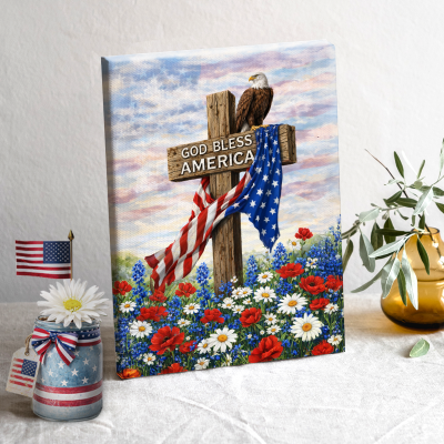 God Bless America Wall Art Canvas, American Eagle Cross Patriotic Decor, Independence Day Sign, 4th of July Decorations