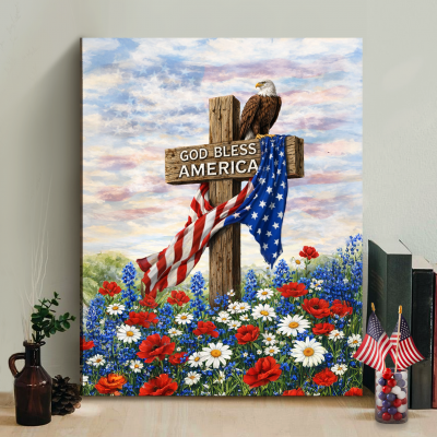 God Bless America Wall Art Canvas, American Eagle Cross Patriotic Decor, Independence Day Sign, 4th of July Decorations
