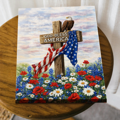 God Bless America Wall Art Canvas, American Eagle Cross Patriotic Decor, Independence Day Sign, 4th of July Decorations