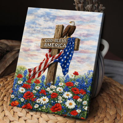 God Bless America Wall Art Canvas, American Eagle Cross Patriotic Decor, Independence Day Sign, 4th of July Decorations