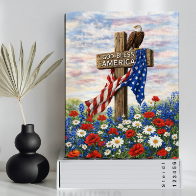 God Bless America Wall Art Canvas, American Eagle Cross Patriotic Decor, Independence Day Sign, 4th of July Decorations