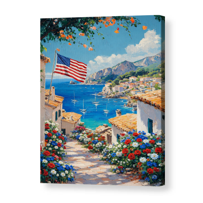 Patriotic Cottage Canvas Art, American Flag Wall Decor, Red White Blue Flowers Painting, Summer Country Home Vintage Landscape