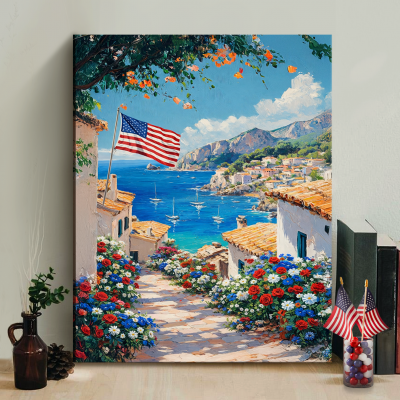 Patriotic Cottage Canvas Art, American Flag Wall Decor, Red White Blue Flowers Painting, Summer Country Home Vintage Landscape